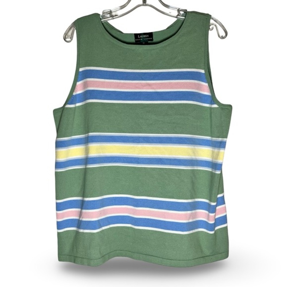 Lauren Ralph Lauren 1X Tank Top Green Striped Knit Sleeveless Cotton Blend‎